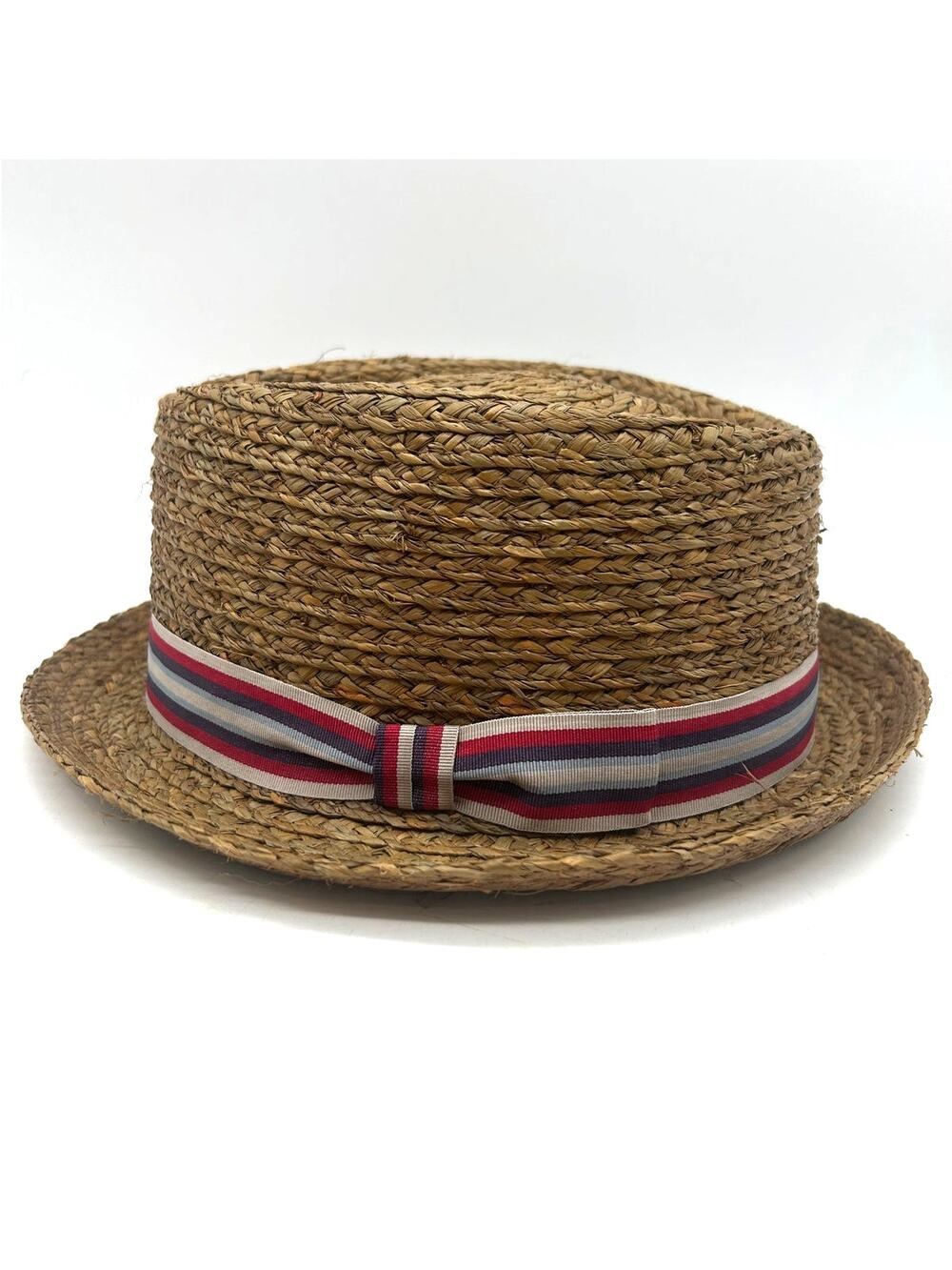 Broner 100% Straw Porkpie Hat Striped Grosgrain Band Mens XL 60cm Natural